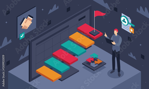 This colorful isometric image illustrates an onboarding, process of helping new hires adjust to the social aspects of their new jobs