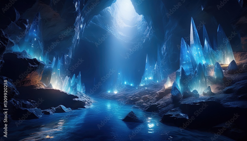 Vibrant blue crystals shimmer in a dark cave as light dances on tranquil waters below. Vibrant blue crystals shimmer in a dark cave as light dances on tranquil waters below.