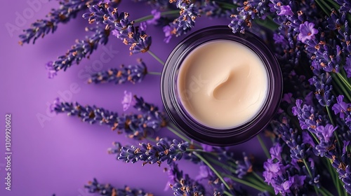 Lavender cream jar on purple surface