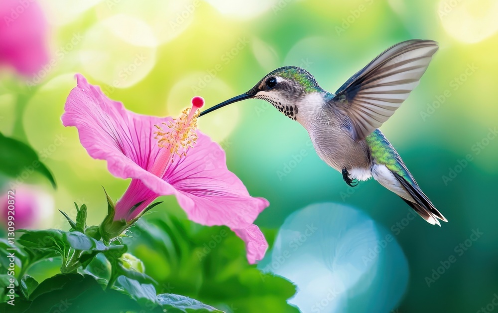 Fototapeta premium Tiny Hummingbird Hovering Over A Pink Flower