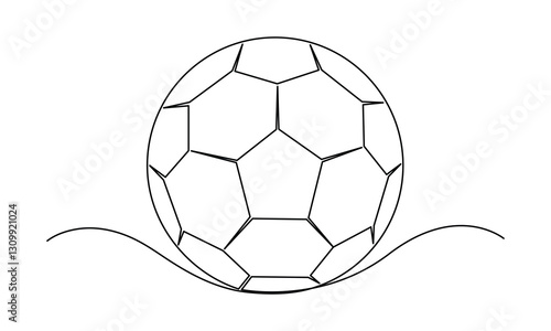 One continuous single line art drawing of soccer ball, soccer ball vector illustration, minimalist design, editable stroke, isolated on a white background