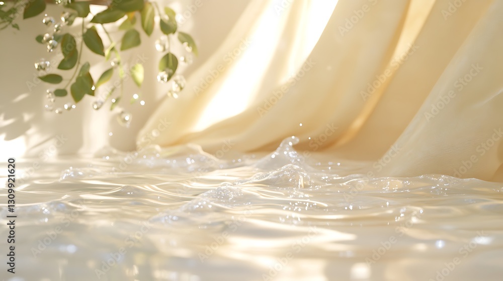 Liquid ripples, sunlight, foliage, fabric backdrop, cosmetic ad Liquid ripples, sunlight, foliage, fabric backdrop, cosmetic ad