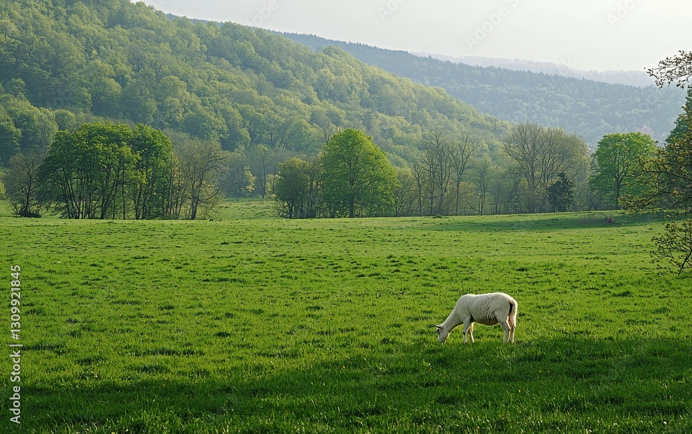 Naklejka premium White Goat Grazing In A Green Spring Pasture
