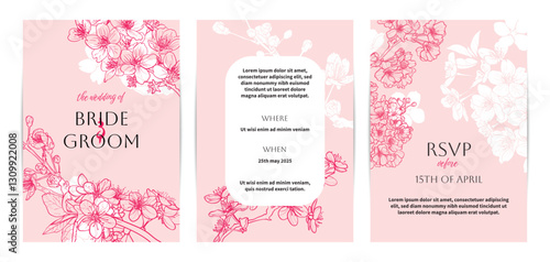 Colorful pastel pink wedding invitations. Modern and joyful A4 vector format design with highly detailed flowers for print and online usage. Happy hand drawn cherry blossoms illustrations