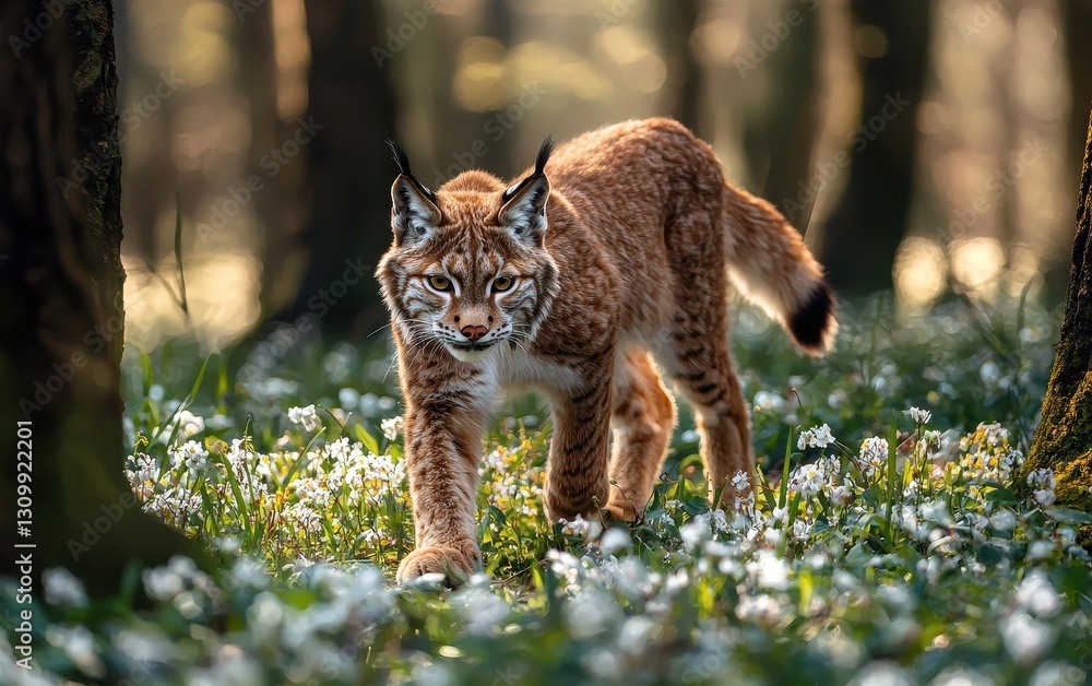 Fototapeta premium Young Lynx Walking Through A Blooming Forest