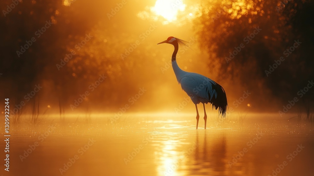 Fototapeta premium Golden sunrise, serene crane, misty water.