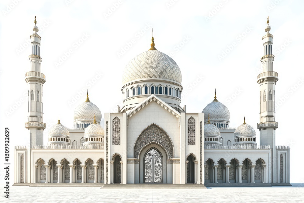 Obraz premium A stunning 3d rendering of an ornate islamic mosque isolated on a white background showcasing its intricate details and symmetrical design as a symbol of peace and architectural beauty