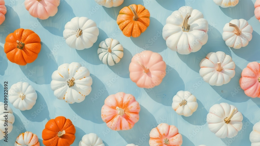 Small orange, white and pink pumpkins on pastel blue background