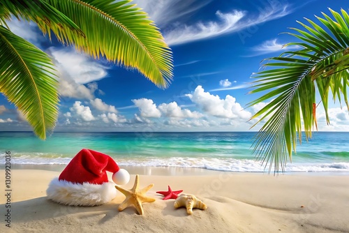 Tropical Christmas Beach Scene with Santa Hat and Starfish