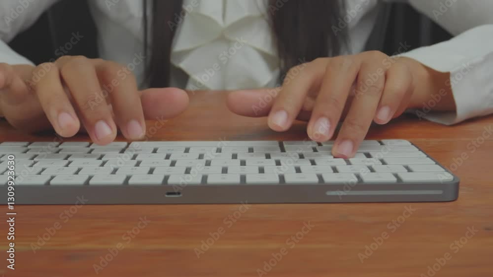 Close up of a woman's hands in an office typing on a keyboard. Close up of a woman's hands in an office typing on a keyboard.