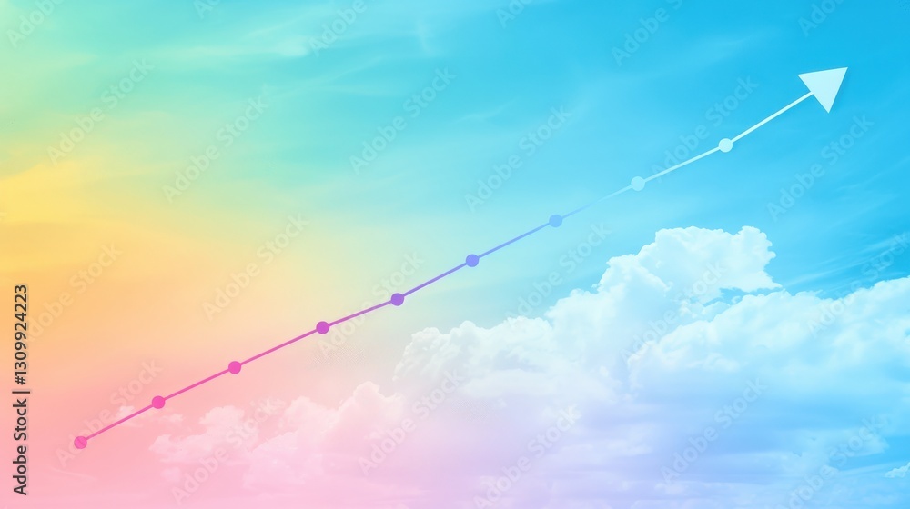 Gradient sky background with rising pink arrow on a performance line graph. Represents growth, success, and upward trends in marketing campaigns through innovative visual representation. Gradient sky background with rising pink arrow on a performance line graph. Represents growth, success, and upward trends in marketing campaigns through innovative visual representation.