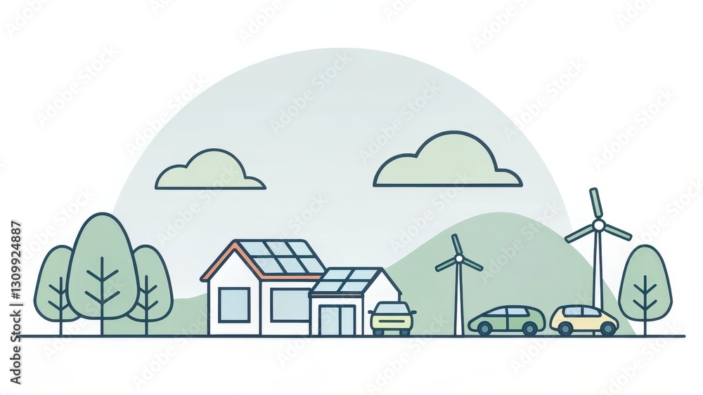 Naklejka premium Minimalist vector illustration of a sustainable home with solar panels, wind turbines, and electric cars, promoting renewable energy and eco-friendly living.