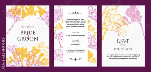 Colorful saturated and bright beautiful wedding invitations. Modern and joyful A4 vector format design with highly detailed flowers for print and online usage. Happy hand drawn freesia illustrations