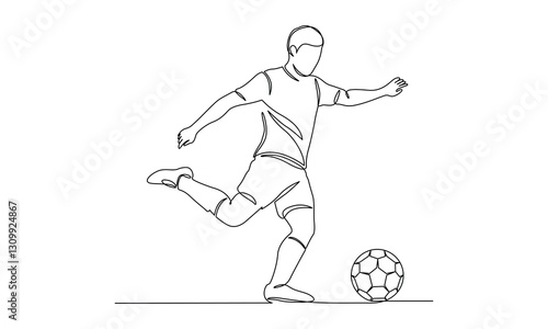 One continuous single drawing line art of soccer player, man football player, minimalist design, isolated on a white background