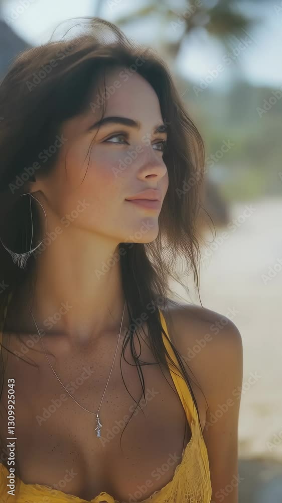 Woman enjoying a sunny day on the beach with golden sand and clear blue water while wearing a yellow bikini Woman enjoying a sunny day on the beach with golden sand and clear blue water while wearing a yellow bikini