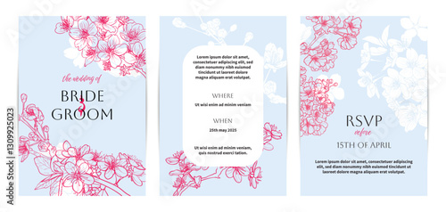 Colorful saturated and bright beautiful wedding invitations. Modern and joyful A4 vector format design with highly detailed flowers for print and online usage. Hand drawn cherry blossoms illustrations