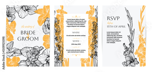 Colorful saturated and bright beautiful wedding invitations. Modern and joyful A4 vector format design with highly detailed flowers for print and online usage. Hand drawn gladiolus illustrations