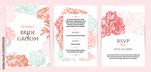 Colorful saturated and bright beautiful wedding invitations. Modern and joyful A4 vector format design with highly detailed flowers for print and online usage. Happy hand drawn peonies illustrations