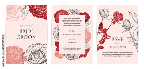 Colorful saturated and bright beautiful wedding invitations. Modern and joyful A4 vector format design with highly detailed flowers for print and online usage. Hand drawn roses illustrations