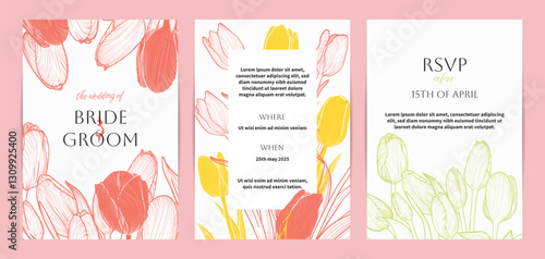 Colorful saturated and bright beautiful wedding invitations. Modern and joyful A4 vector format design with highly detailed flowers for print and online usage. Happy hand drawn tulips illustrations
