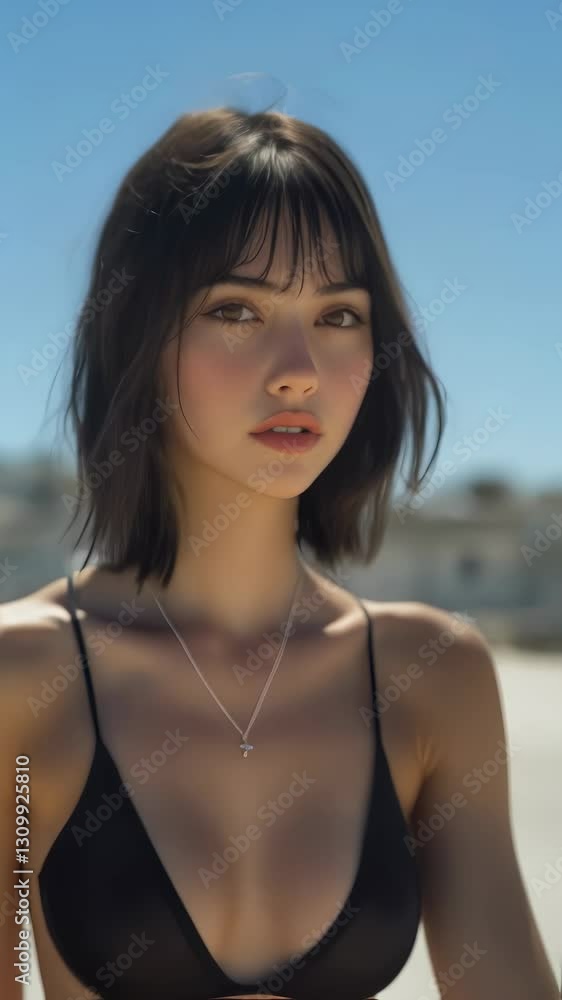 Woman enjoying a sunny day at the beach wearing a stylish bikini and a delicate necklace while posing against a clear blue sky Woman enjoying a sunny day at the beach wearing a stylish bikini and a delicate necklace while posing against a clear blue sky
