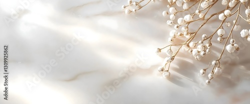 Delicate white dried flowers on soft cream marble background with gentle light. Minimalist floral composition with baby's breath. Purity and elegance concept. Weddings, spa, memorial services.