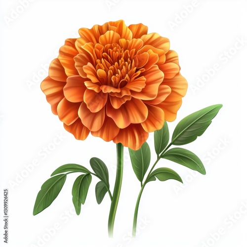 Realistic 3D Icon Cartoon of a Bold Orange Marigold with Green Leaves isolated on clear white background