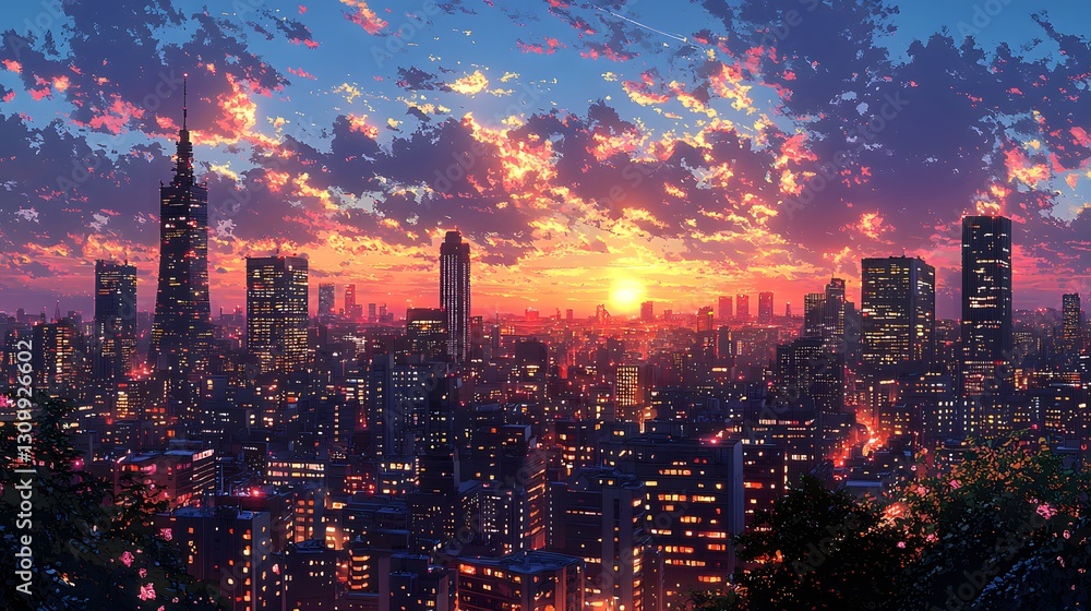 Fototapeta premium A beautiful cityscape skyline under a colorful and vibrant sunset