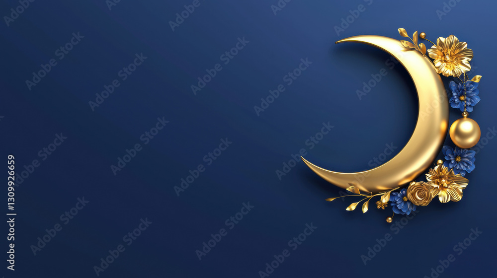 Naklejka premium Elegant Crescent Moon with Gold Floral Details, Deep Blue Ramadan Banner Design