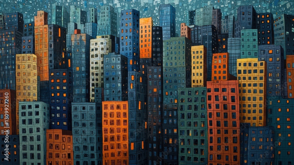 Obraz premium Colorful Urban Skyline with Abstract Buildings and Night Atmosphere