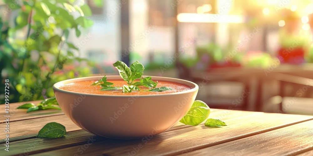 Realistic 3D Icon Cartoon of A Bowl of Chilled Summer Gazpacho on a Wooden Table with a Softly Blurred Outdoor Dining Background Realistic 3D Icon Cartoon of A Bowl of Chilled Summer Gazpacho on a Wooden Table with a Softly Blurred Outdoor Dining Background