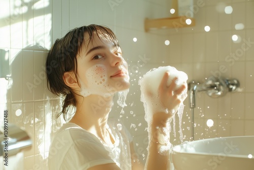 Young woman enjoying a bubbly bath in a sunlit bathroom while smiling and playing with foam photo