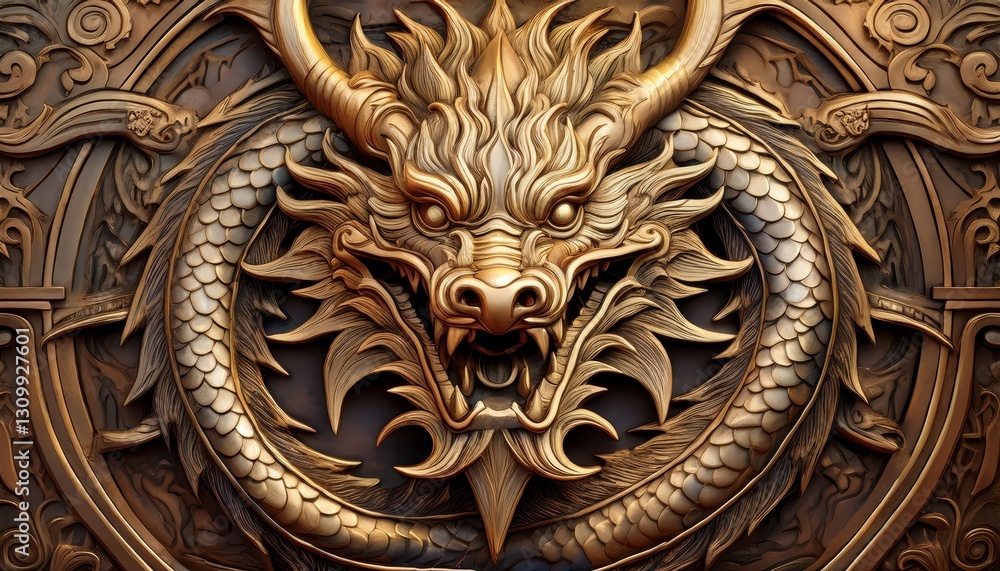 A detailed dragon design watches over a mythical land, exuding strength and ancient magic.