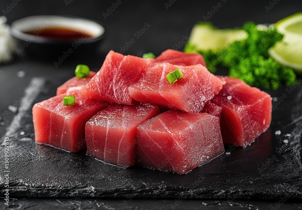 Fresh Tuna Chunks on Black Slate Board with Green Onions, Soy Sauce, and Lime Wedges in Dark Background Perfect for Culinary and Food Photography Fresh Tuna Chunks on Black Slate Board with Green Onions, Soy Sauce, and Lime Wedges in Dark Background Perfect for Culinary and Food Photography