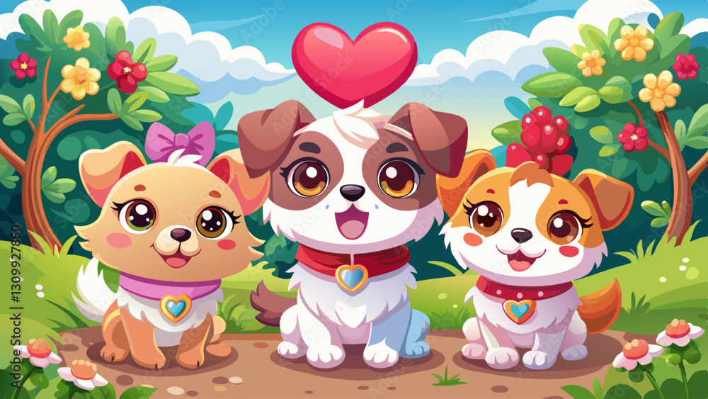Naklejka premium Adorable Puppies with Heart-Shaped Accessories in Natural Setting