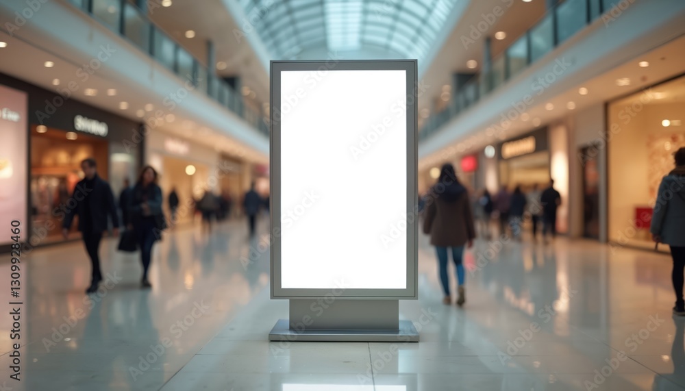 White billboard stands inside big shopping mall for advertising on LED panel. Marketing concept of blank space, mock-up, template for commercial promotion, digital announcements, modern information. White billboard stands inside big shopping mall for advertising on LED panel. Marketing concept of blank space, mock-up, template for commercial promotion, digital announcements, modern information.