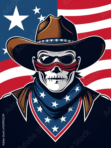 Mascot icon illustration of head of Texan bandit, outlaw or highwayman wearing cowboy hat and bandana, kerchief or bandanna with Texas Lone Star flag front view on isolated background in retro style. photo