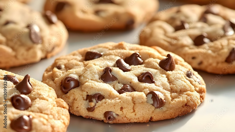 Chocolate chip cookies with a golden-brown texture and melted chocolate chips scattered on top. Concept Golden-Brown Texture, Melted Chocolate Chips, Classic Cookie Recipe, Perfect Baking Tips Chocolate chip cookies with a golden-brown texture and melted chocolate chips scattered on top. Concept Golden-Brown Texture, Melted Chocolate Chips, Classic Cookie Recipe, Perfect Baking Tips