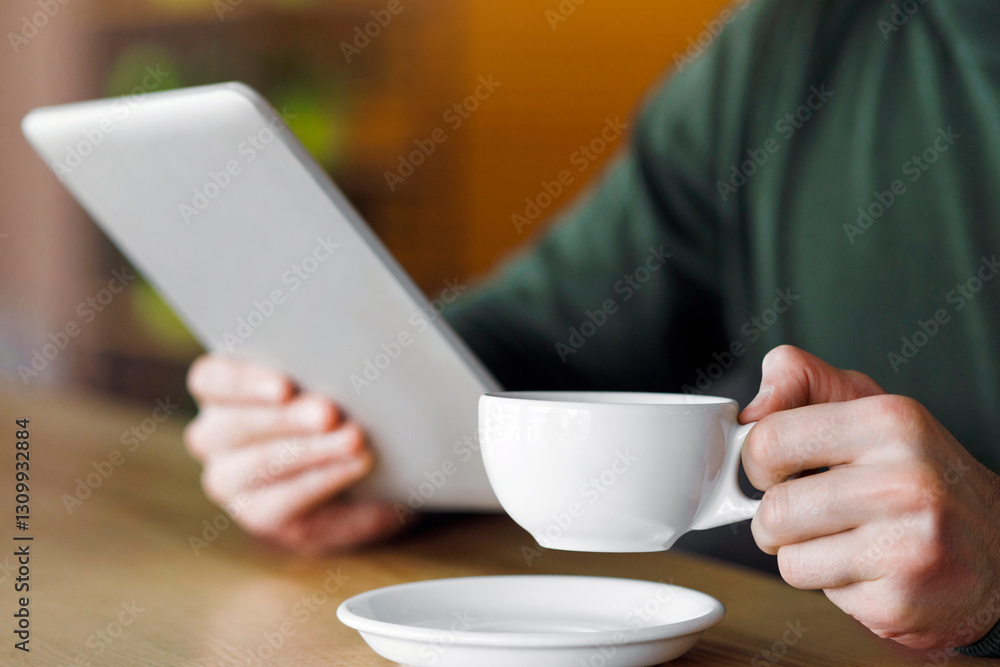 Close up of man hands holding cup of coffee and digital tablet, businessman working at cafe Close up of man hands holding cup of coffee and digital tablet, businessman working at cafe