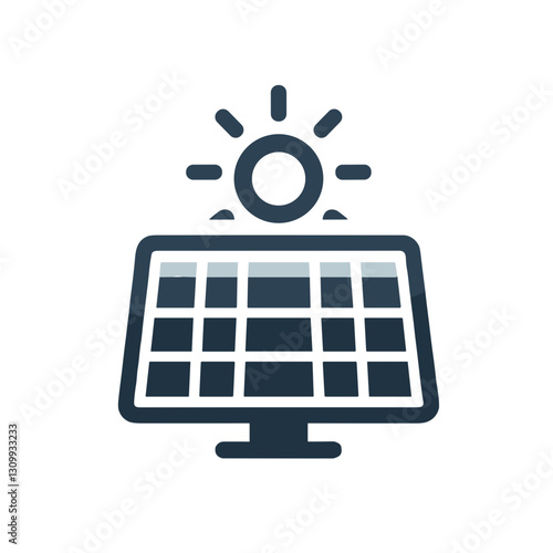 Vector icon of a solar panel with a sun for solar energy concept, transparent background