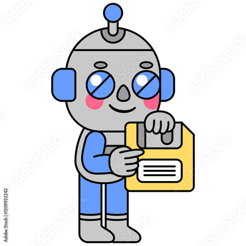 Cute robot holding a floppy disk