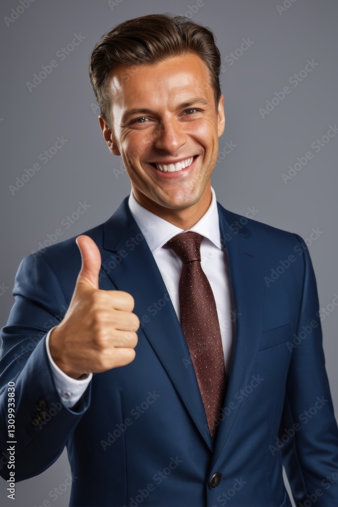 smiling man in a blue suit giving a thumbs up