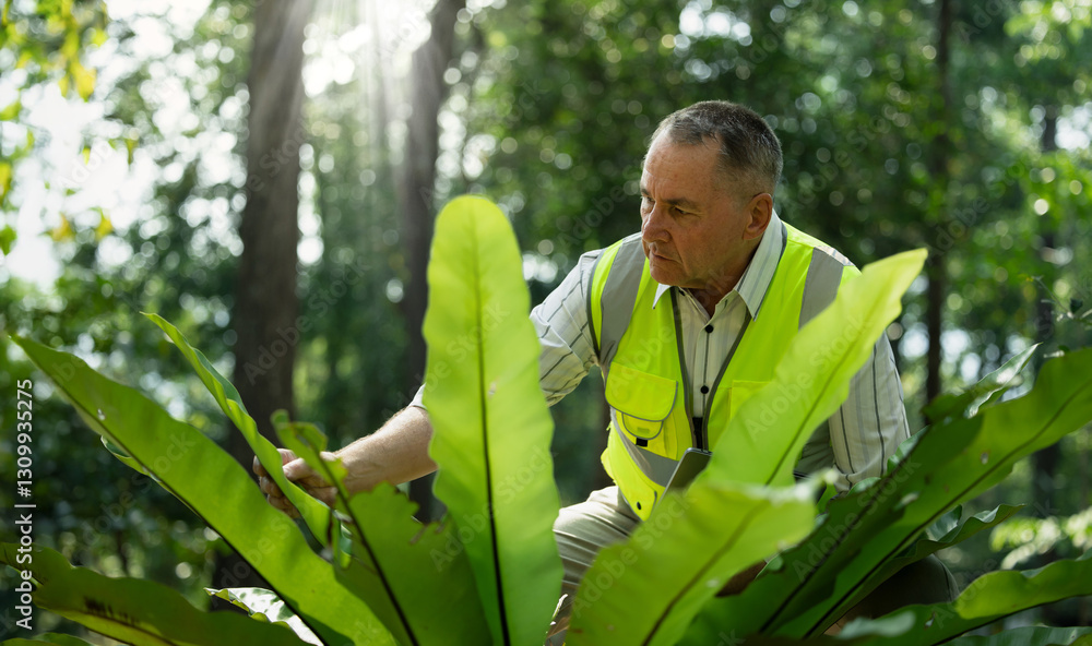 Environmental Engineer Inspecting Plants in a Forest