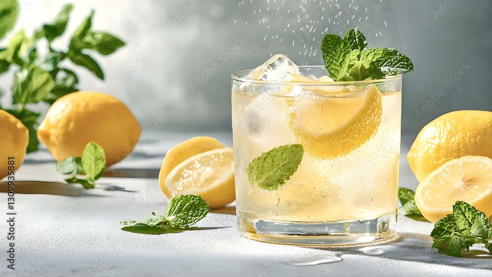 A refreshing drink with lemon slices and mint leaves, surrounded by whole lemons, set against a light background. Concept Refreshing Lemonade, Mint Infusion, Citrus Garnish, Bright Aesthetic A refreshing drink with lemon slices and mint leaves, surrounded by whole lemons, set against a light background. Concept Refreshing Lemonade, Mint Infusion, Citrus Garnish, Bright Aesthetic