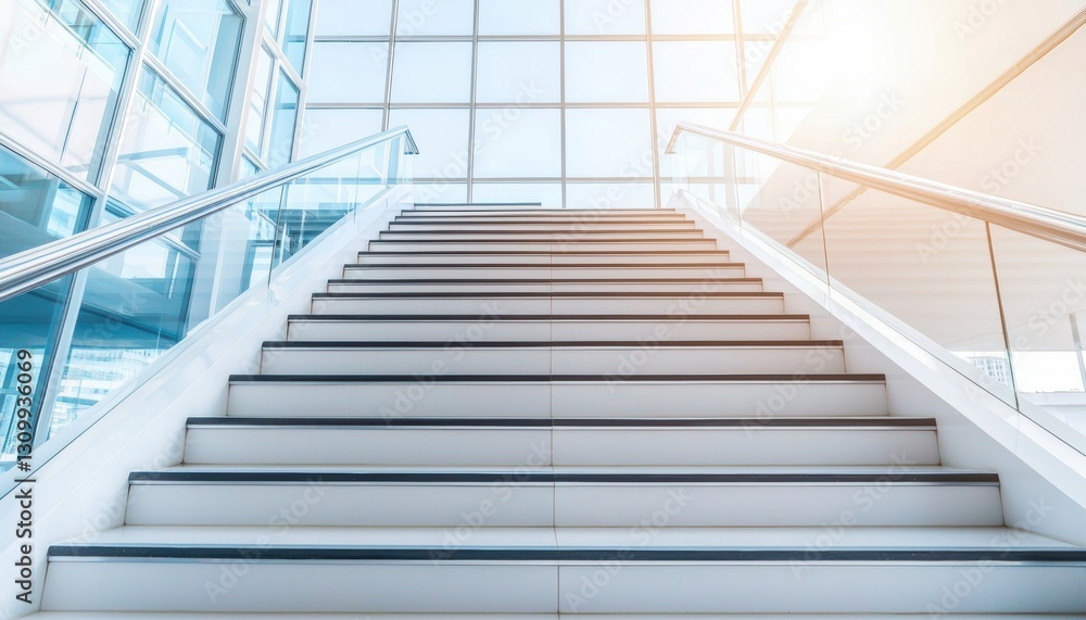 Staircase leading up in a sleek office lobby, with clean lines and light, symbolizing career growth and ambition in a business scene Staircase leading up in a sleek office lobby, with clean lines and light, symbolizing career growth and ambition in a business scene