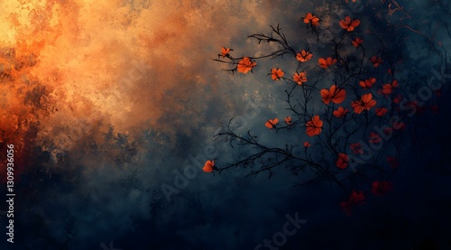 A nature-inspired digital painting with a dark orange and dark blue abstract grunge background, featuring thorned flowers intertwined with the dense, misty forest landscape. The high-resolution