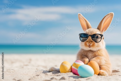 Wallpaper Mural On a sunny and vibrant beach, a cheerful Easter bunny wearing cool sunglasses delights in a relaxing day, joyfully surrounded by colorful Easter eggs that symbolize festive joy, fun, and celebration Torontodigital.ca