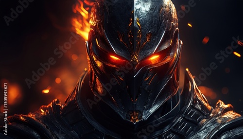 A fierce warrior clad in dark metallic armor stands amidst swirling flames, exuding power.