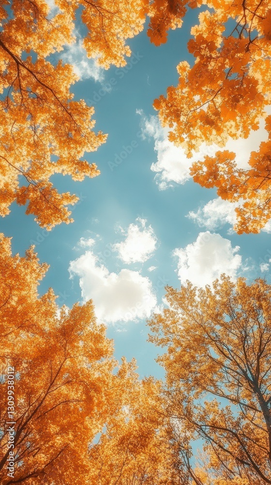 Colors of autumn foliage stretch towards a bright blue sky with clouds on a sunny day in a forest Colors of autumn foliage stretch towards a bright blue sky with clouds on a sunny day in a forest