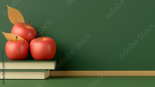 Three red apples with leaves on stacked books against a green background.